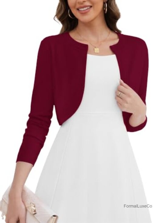 Sweaters - Lightweight Long Sleeve Cropped Open Front Cardigan Shrug for Dress
